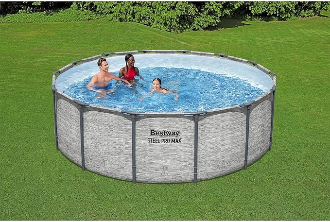 Bestway Steel Pro MAX 14' x 48" Above Ground Pool, Round Metal Frame Outdoor Swimming Pool Set with Filter Pump, Ladder, and Cover, Gray Stone Print