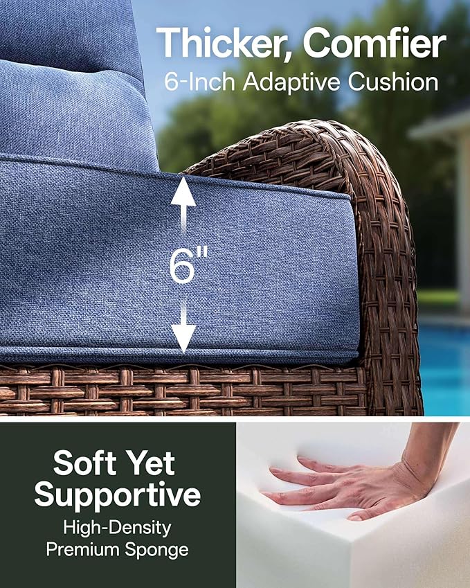 7-Piece Patio Furniture Set with 6-Inch Thick Cushions, High Back Outdoor Couch and Arm Chairs, All-Weather Conversation Set for Porch, Deck, Yard, Pool in Blue