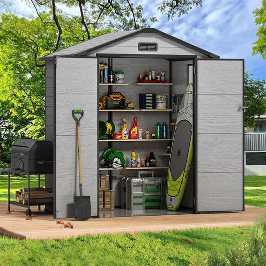 6×4FT Plastic Outdoor Storage Shed, Double Door Tool Shed with Transparent Roof and Vent, Lockable Door with Key, Storing Patio Furniture, Gardening Tools, and Bicycle Accessories