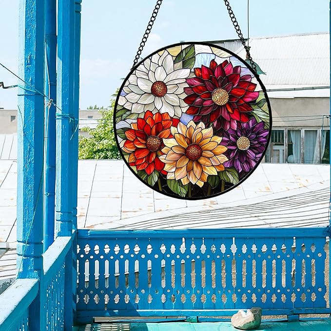 AMDERVEN Stained Glass Window Hanging, Colorful Flowers Sun Catcher for Window Door Home Decor Plant Suncatcher Christmas Mother's Day Birthday Gifts for Women Men Mom and Nana 9.8 in