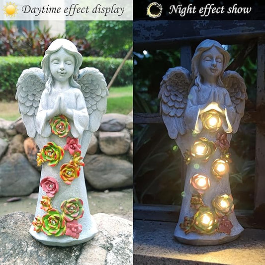 VIOYOUNS Angel Solar Garden Outdoor Statues with Succulent Plants and 6 LED Lights– Outside Solar Garden Decor Figurines -Remembrance & Sympathy Gifts Decorations