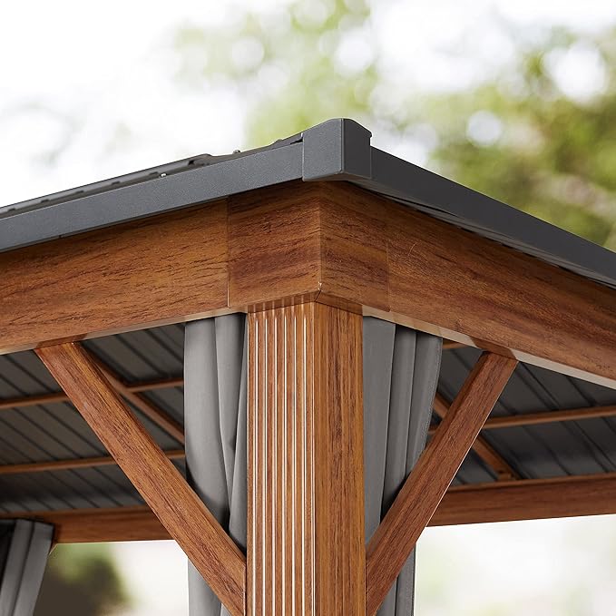TOOLPORT Hardtop Gazebo 10x13 ft - Wood-Effect Finish - Steel Roof - 4 Side Panels in Gray