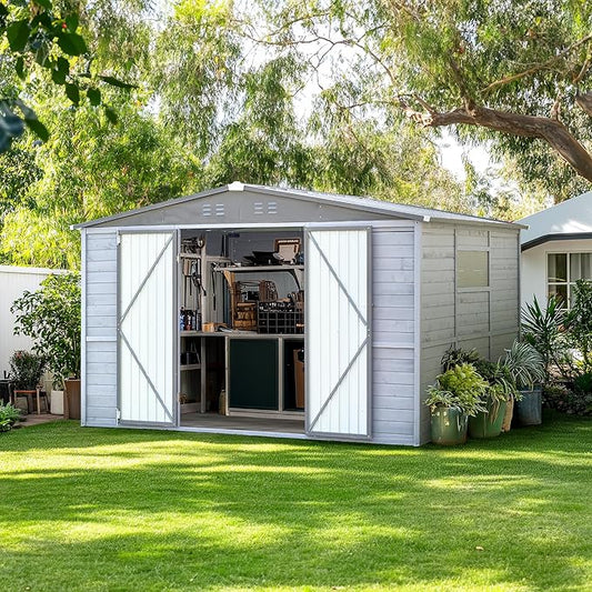 10x8 FT Wood Storage Shed, Outdoor Storage Shed with Lockable Door, Window and Vents, Waterproof Wooden Metal Tool Storage for Garden, Patio, Lawn, Backyard (Gray)