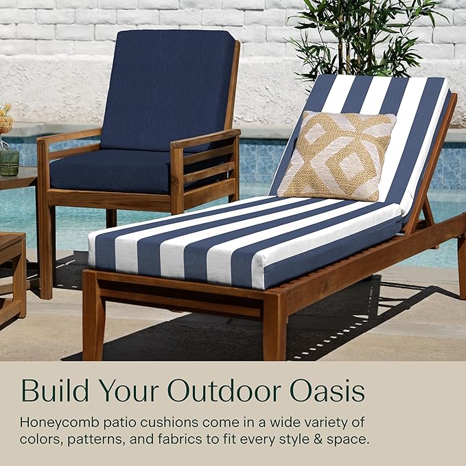 Honeycomb Outdoor Heritage Chaise, 22.5" W x 70" L, Cabana Stripe Blue and White Chair Cushion for Patio Furniture