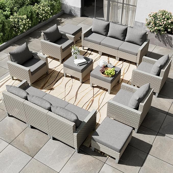 Outdoor Patio Furniture Set 14-Piece Modular Wicker Sectional Sofa with Ottomans and Thick Cushions, Modern Rattan Outdoor Conversation Couch for Garden Backyard, Grey
