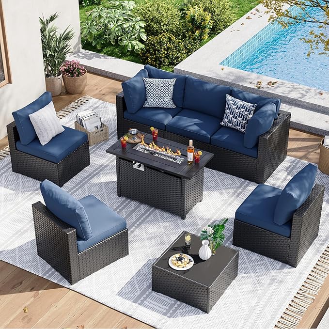 Aoxun 8 Piece Patio Furniture Set with 44” Fire Pit Table Wicker Rattan Patio Sectional Sofa Set Outdoor Seating Furniture with Thickened Cushion, Navy Blue