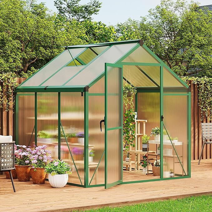 6x6 ft Greenhouse for Outdoors, Polycarbonate Greenhouse with Roof Vent, Ground Nails, Lockable Push Door, Aluminum Large Walk-in Green House for Outside Garden Backyard, Patio, Lawn, Green