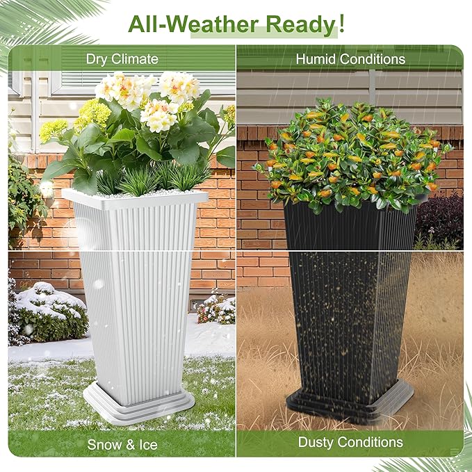 24" Tall Planters for Outdoor Plants, Set of 2 Large Outdoor Planters for Front Porch Decor with Drainage Hole, Front Porch Decor (Stripes-Black)
