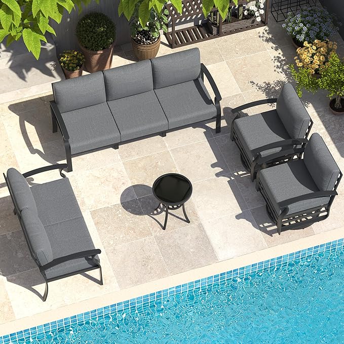 Aluminum Patio Furniture Set, 7 Seats Outdoor Patio Conversation Set with Swivel Chair Modern Metal Patio Sectional Sofa with Upgrade Cushions for Patio, Backyard Grey
