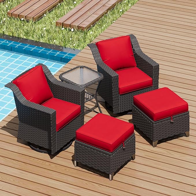 5 Pieces Patio Conversation Furniture Set - Swivel Chairs with Ottomans Set of 2, 1 Side Table, Outdoor Wicker Furniture Set with Washable Cushions for Porch, Balcony, Sunroom (Red)