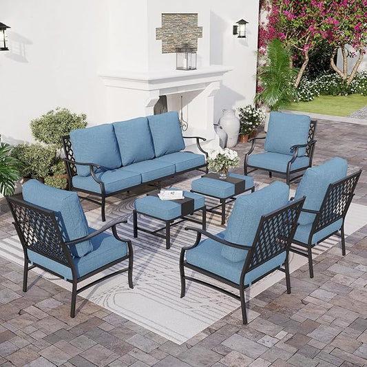 7 Piece Metal Outdoor Patio Furniture Set, Patio Conversation Sets 1 3-seater Sofa, 4 Fixed Chair, 2 Ottomans with 5.75" Thick Cushion, Black All-weather Frame Backyard Furniture, Navy