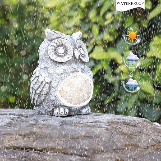 Rezpuao Solar Owl Garden Statues Outdoor Decor Resin Owl Figurine with Solar Light for Patio,Balcony,Yard,Lawn Ornament,Perfect Garden Gift