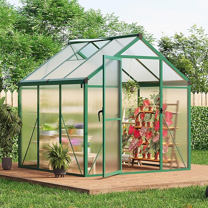 6×6 FT Greenhouse, Large Walk in Greenhouses for Outdoors and Garden Planting, Polycarbonate Greenhouse with Enhanced Aluminum Frame, Green Houses with Quick Setup Structure and Roof Vent, Green