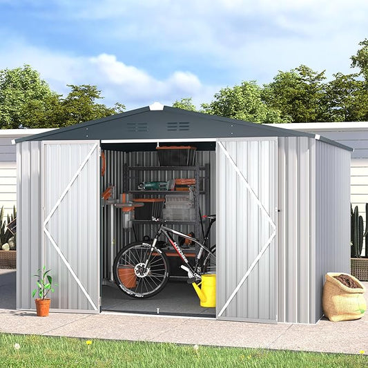 U-MAX Shed 10x10 Storage Shed, Large Metal Outside Garden Sheds & Outdoor Storage Clearance, Tool Shed Outdoor Storage Lockable for Backyard, Patio and Outside Use in White