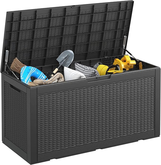 31 Gallon Resin Deck Boxes Waterproof, Waterproof and UV Resistant Outdoor Storage Box Lockable Lid for Delivery Box, Indoor, Garden Tools, Pool Supplies, Patio (Black, 100 Gallon)