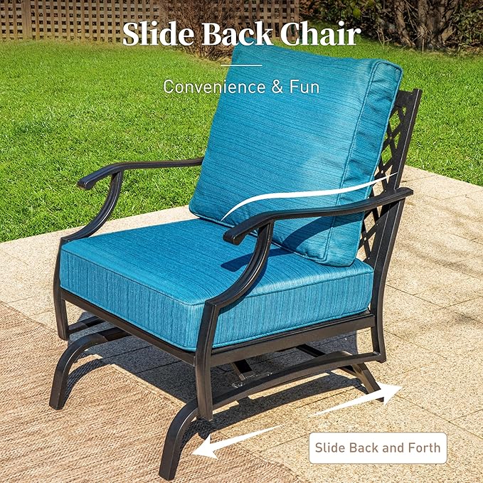 5 Piece Metal Outdoor Patio Furniture Set with Fire Pit Table, Patio Conversation Sets 4 Rocking Chairs with 5.75" Thick Cushion and 5000 BTU Fire Pit Table, Backyard Furniture, Blue-2