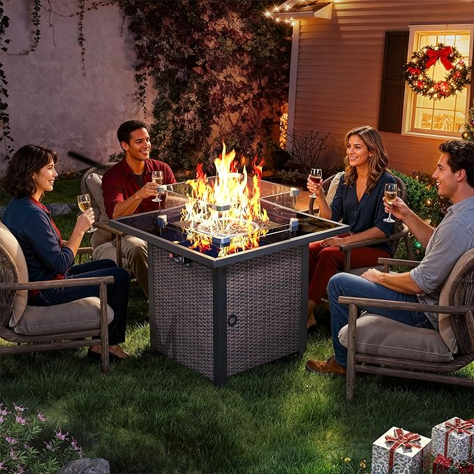 Propane Fire Pit Table, Outdoor Fire Pit Table, 28" Rattan Square Outdoor Gas Fire Pit with Glass Wind Guard, Tempered Glass Tabletop, Lid, CSA Listed, 50,000 BTU for Outside Patio Deck & Garden,Brown