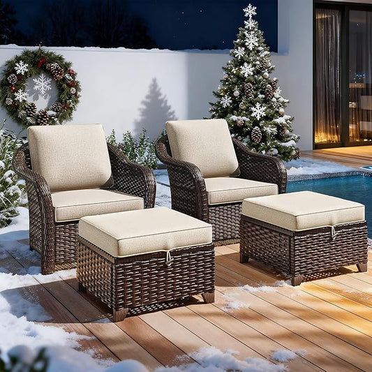 4 Pieces Patio Outdoor Conversation Furniture Set with Cushions, All-Weather Wicker Ottomans, PE Rattan 2 Chairs for Backyard, Deck, Lawn (Beige)
