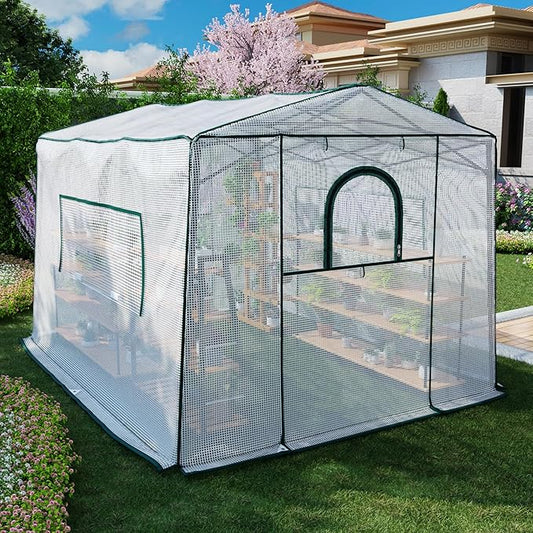 8.7'x 6.6'x 7' Small Walk-in Greenhouse for Outside & Indoor with 2 Roll-up Zipper Doors, 4 Ventilated Mesh Windows, Patio Plant Gardening Greenhouse for Backyard