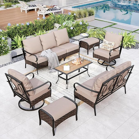 GREEN PARTY Extra Large Outdoor Patio Furniture Set 7 Pieces for 9, Modern Metal Patio Conversation Sets with High Back 3-Seat Sofa & Loveseat Sofa, 2 Swivel Chairs, 2 Ottoman, 1 Coffee Table