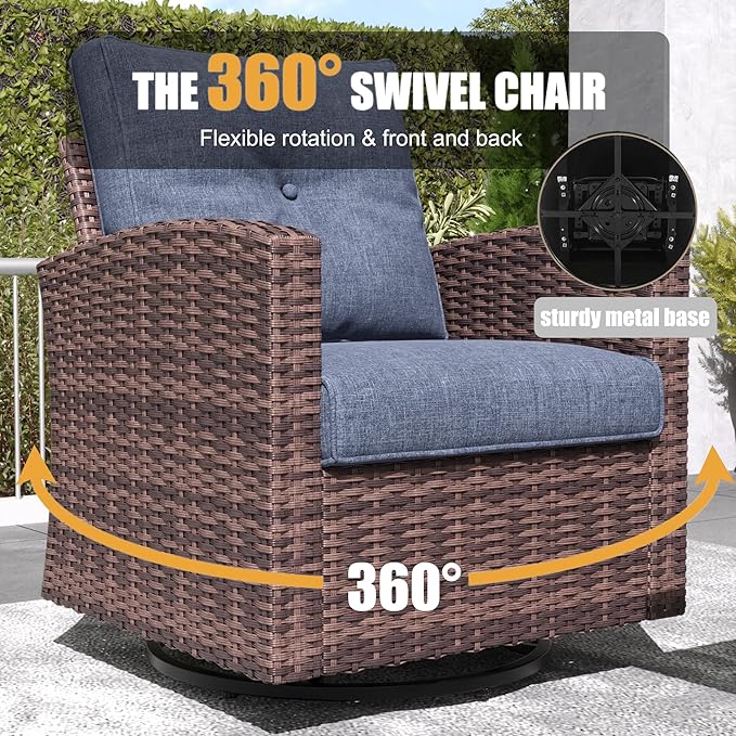LayinSun 5 Pieces Patio Furniture Set with Swivel Chairs, Rattan Wicker Rocking Glide Chairs with 44" Propane Gas Fire Pit Table Conversation Set