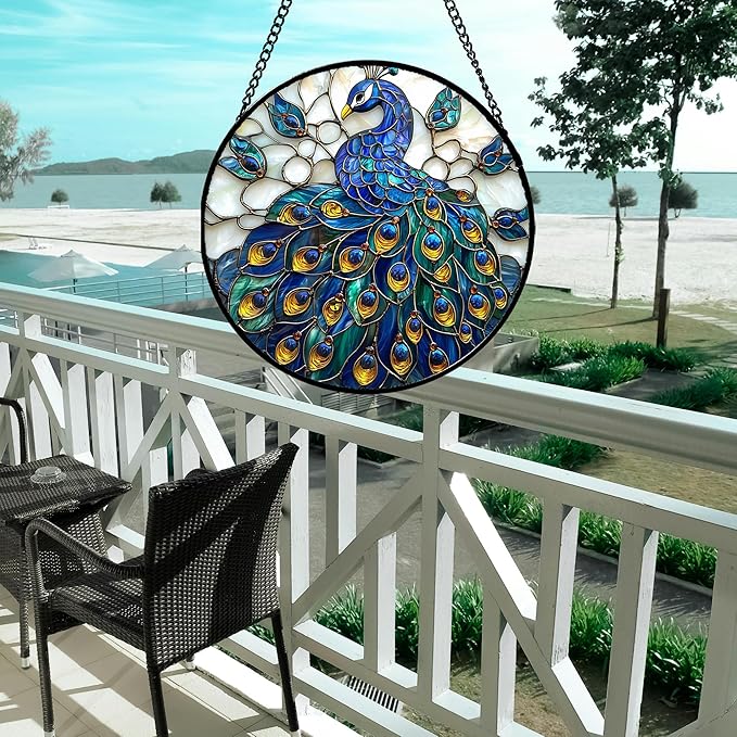 AMDERVEN Stained Glass Window Hanging - Peacock Blue Gold Feathers Sun Catcher for Door Garden Home Decor Bird Suncatcher Christmas Mother's Day Birthday Gifts for Women Men Mom Nana 7.8 in