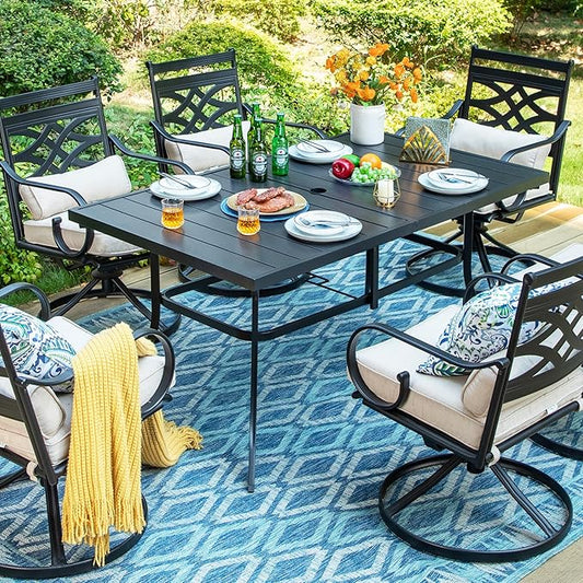Sophia & William Outdoor Patio Table for 6 People, Rectangular Metal Patio Outdoor Dining Table, Black Steel Slatted Weather-Resistant Table with 1.57" Adjustable Umbrella Hole, L59 * W36 * H28