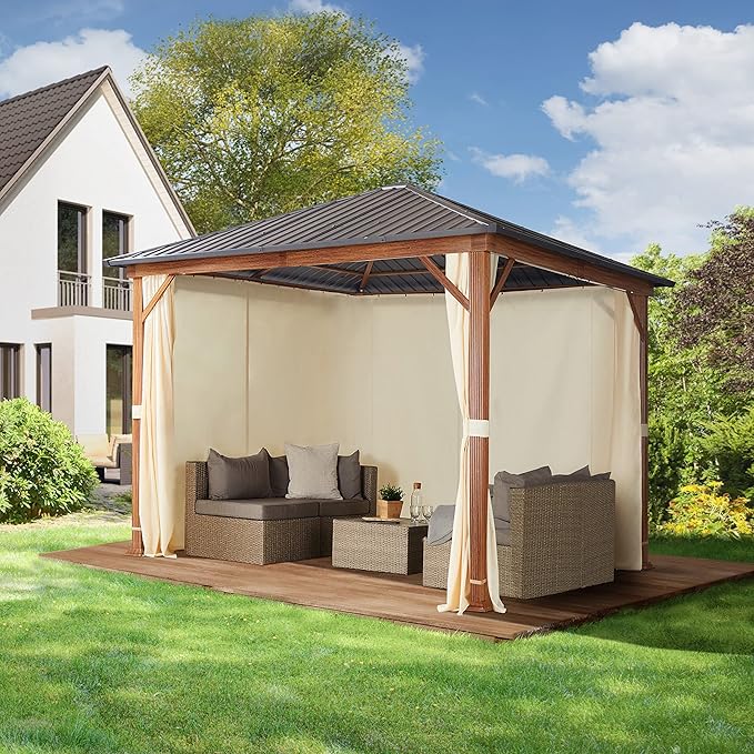 TOOLPORT Hardtop Gazebo 10x10 ft - Wood-Effect Finish - Steel Roof - 4 Side Panels in Champagne