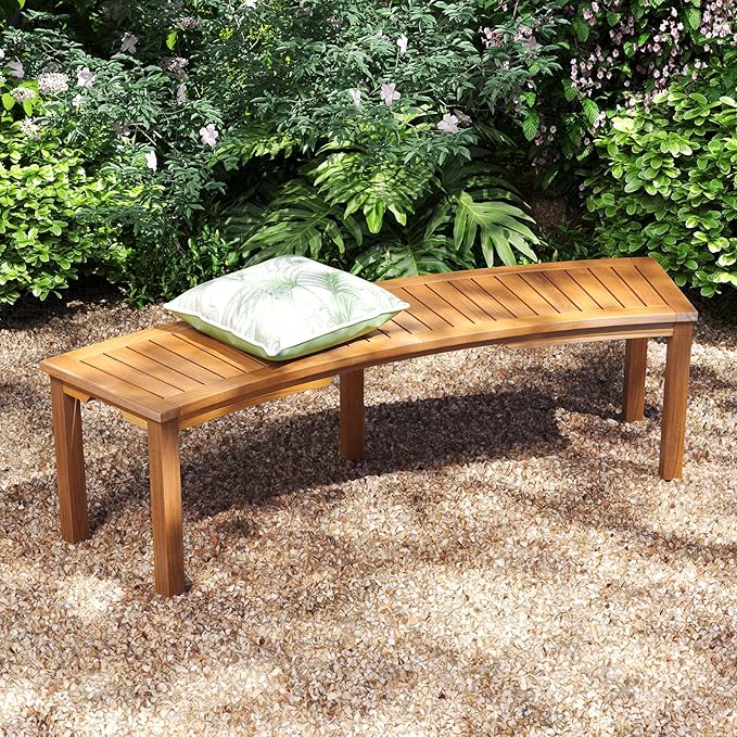 RELAX4LIFE Wooden Outdoor Curved Bench - Acacia Wood Garden Bench w/Slatted Seat, 2-Person Outside Backless Seating for Porch Backyard Deck Park, 800 LBS Load Capacity, Patio Fire Pit Bench (4, 58'')