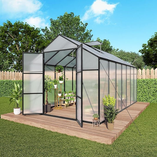 KEIKI 8x14 FT Polycarbonate Greenhouse for Outdoors, Heavy-Duty Walk-in Aluminum Greenhouse with Anchor Base, Light-Transmitting Panels & Drainage System, Black