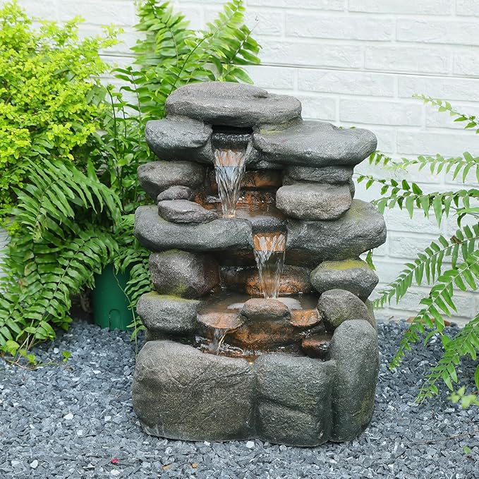 Bumilgar 23.4" H Garden Outdoor Rock Water Fountain with LED Lights, 4-Tier Cascading Waterfall Fountain, Faux Stone Resin Water Feature for Patio, Backyard & Home Decor