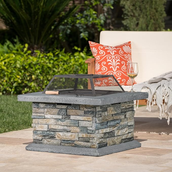29 Inch Outdoor Fire Pit Table, Wood Burning Fire Pit for Patio with Spark Screen, Fire Poker, MGO Square Fireplaces for Camping, Garden, Backyard, Bonfire Party, Stone Gray