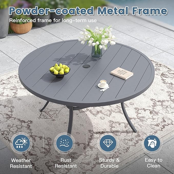 DIFY Patio Round Dining Table, 53" All Weather Round Outdoor Table with 1.57" Umbrella Hole for 8 Person, Perfect for Yard, Balcony and Lawn, Grey