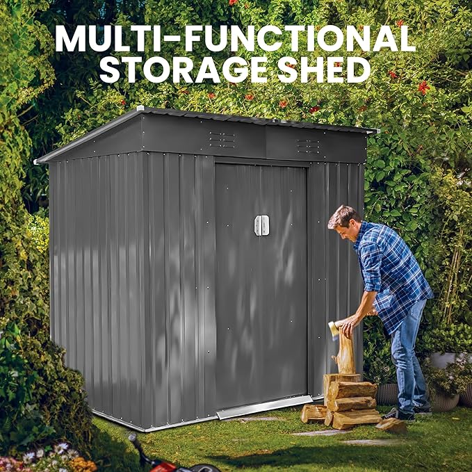 6x4 FT Outdoor Metal Storage Shed with Lockable Door, All-Weather Garden Shed with Sloping Roof & Waterproof Design, Durable Tool Shed for Backyard, Patio, Light Gray