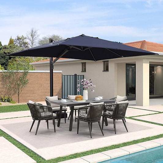 PURPLE LEAF 9' X 12' Rectangle Patio Umbrella with Base Large Cantilever Outdoor Umbrella Offset Umbrella with 360-degree Rotation Garden for Deck Backyard Pool Navy