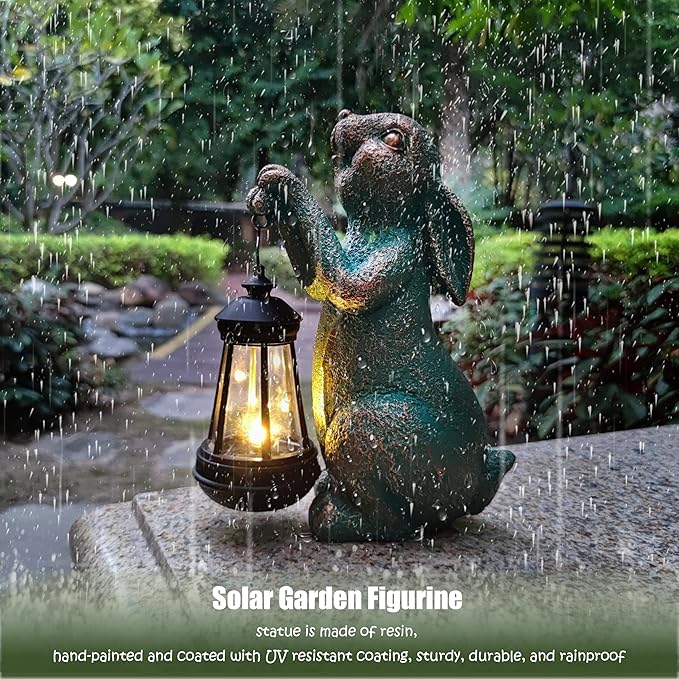 RCTTICUU Rabbit Garden Statue Outdoor Décor with Solar Lights Lantern,Rabbit Solar Light Figurines Outside Decorations for Yard，Lawn, Patio, Balcony, Unique Housewarming Gifts