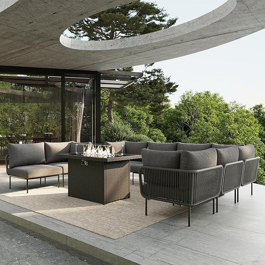 9 Piece Modern Outdoor Rope Wicker Sectional Patio L-Shaped Conversation Sofa Set Deep Seating with Fire Pit Table