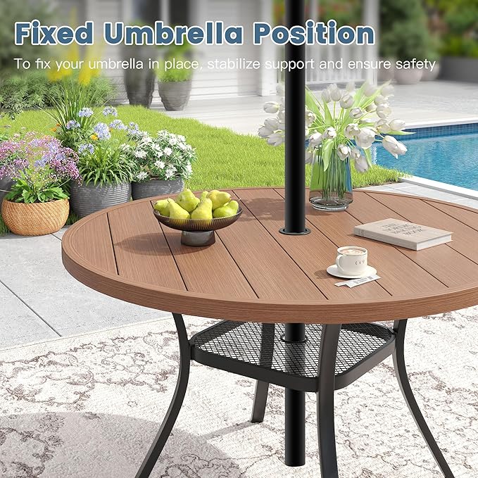 DIFY Outdoor Dining Table for 4 Person, 40.6"x 40.6" All Weather Round Patio Metal Table with 1.57" Umbrella Hole for Poolside Garden and Backyard, Walnut