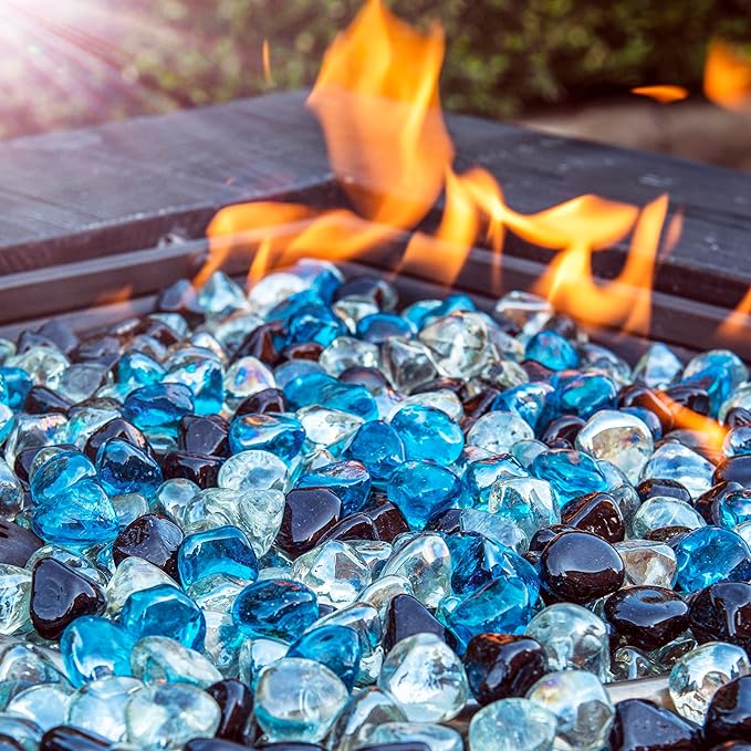 Fire Glass Diamond 1 Inch Fire Pit Glass Rocks for Propane or Gas Fire Pit 20 Pounds White/Onyx Black/Margarita Azura Blue Blend
