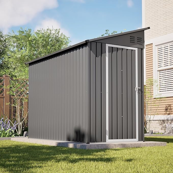 4×8 FT Lean to Metal Shed,Outdoor Heavy-Duty Storage Shed with Floor Base,All Weather Waterproof Garden Tool House W/Lockable Door&2 Air Vents,Reversible Door Design,for Backyard,Patio,Lawn,Gray