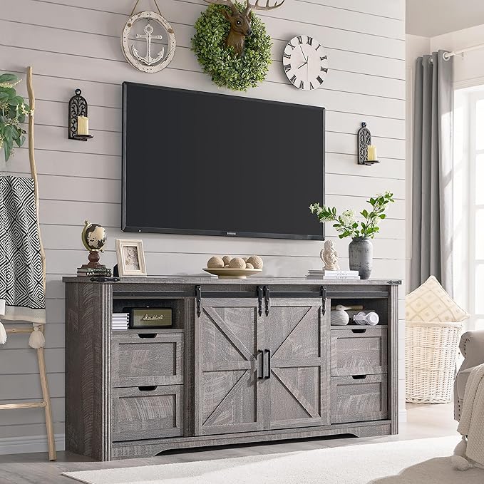 LINGMU Farmhouse TV Stand for 75 80 Inch TV, 32" Tall Entertainment Center w/4 Drawers & Sliding Barn Door, Rustic Media Console w/Storage Shelves, 66" Wood Television Stand for Living Room, Grey