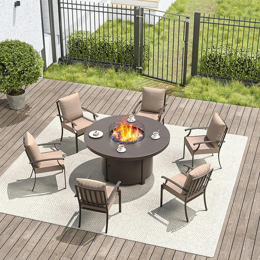 7 Pieces Patio Furniture Set with Round Fire Pit Table, Outdoor Conversation Sets 6 Chairs with Upgrade Cushions for Patio, Backyard Brown