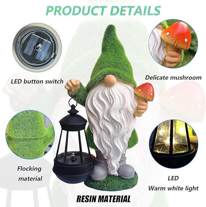 VIOYOUNS Solar Gnomes Garden Statues,Resin Gnome Figurine Holding Mushroom and Solar Lights Lantern,Outdoor Yard Art Decorations for Garden Patio Lawn