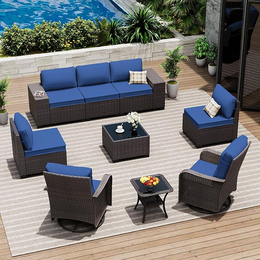 9 Pieces Patio Furniture Set with 2 Swivel Chairs Patio Furniture Outdoor Sectional Sofas Outdoor Patio Conversation Set - Blue