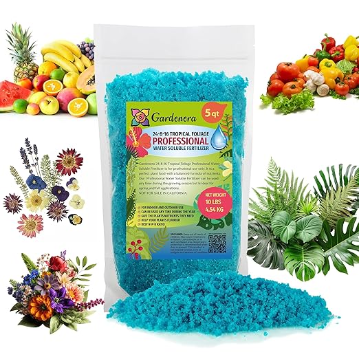 Premium 24-8-16 All Purpose Water Solubable Fertilizer for All Plants by Gardenera - Ideal for Flowers, Plants, Vegetables, Trees, Shrubs, Lawns and Houseplants - 5 Quart