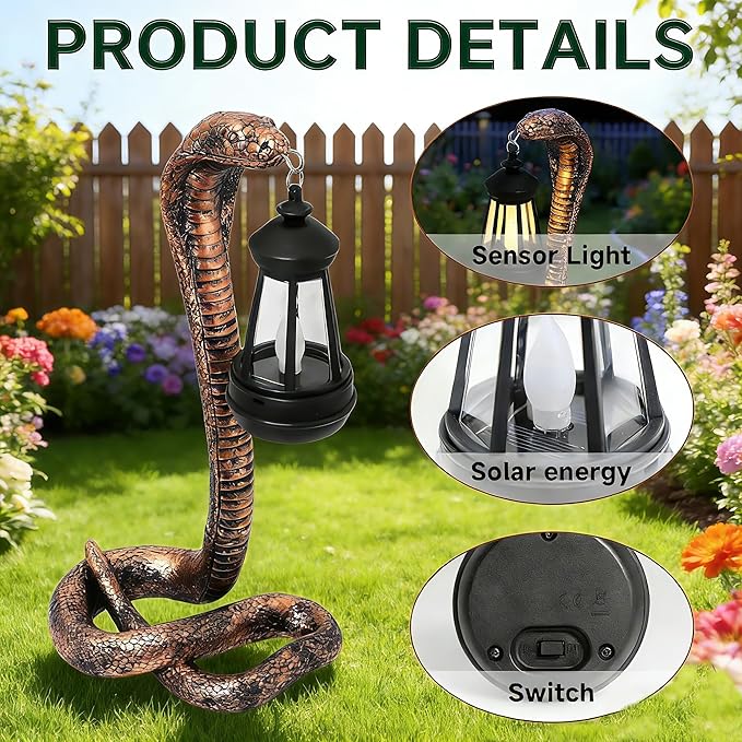 QZJDDZSW Solar Garden Outdoor Statues Snake with Solar Lights Outdoor Chrismtas Decorations - Lawn Decor Snake Statue for Patio, Balcony, Yard Ornament - Unique Housewarming Gifts（11.22" Brass Color
