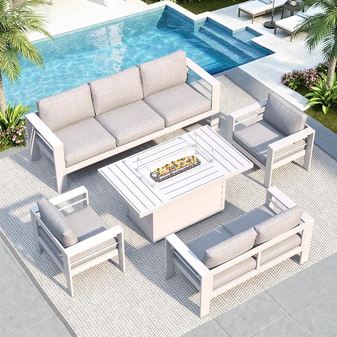 Solaste Aluminum Patio Furniture Set with 55 inch Fire Pit Table, 5 Piece Metal Outdoor Furniture with Water-Resistant Cushions, Modern Patio Conversation Set for Balcony, Front Porch, and Backyard