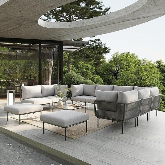 11 Piece Modern Outdoor Rope Wicker Sectional Patio L-Shaped Conversation Sofa Set Deep Seating with Thick Cushions