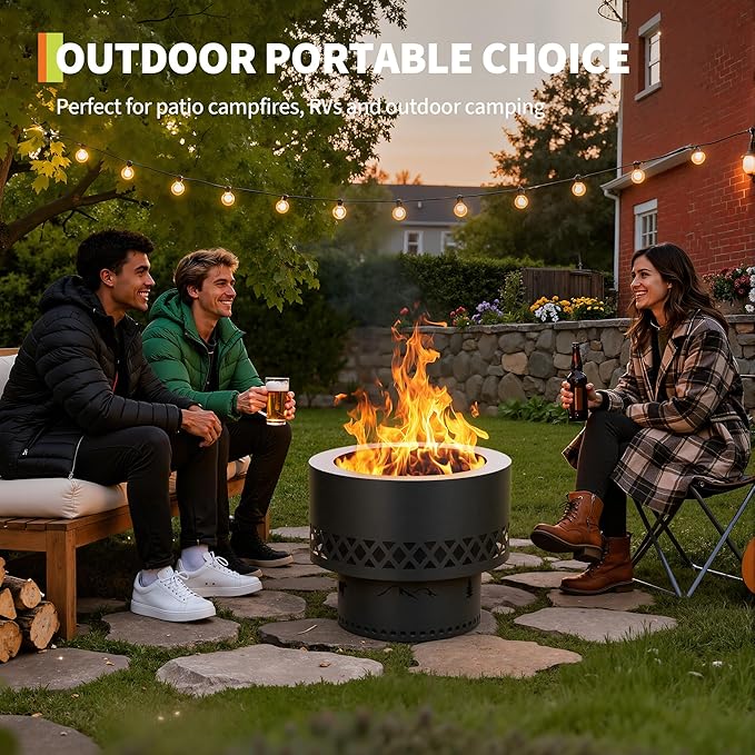 19In Smokeless Fire Pit - Wood Burning Firepit Table with Removable Ash Pan & Dust Bag, Outdoor Fireplace for Patio BBQ, Camping, Bonfire