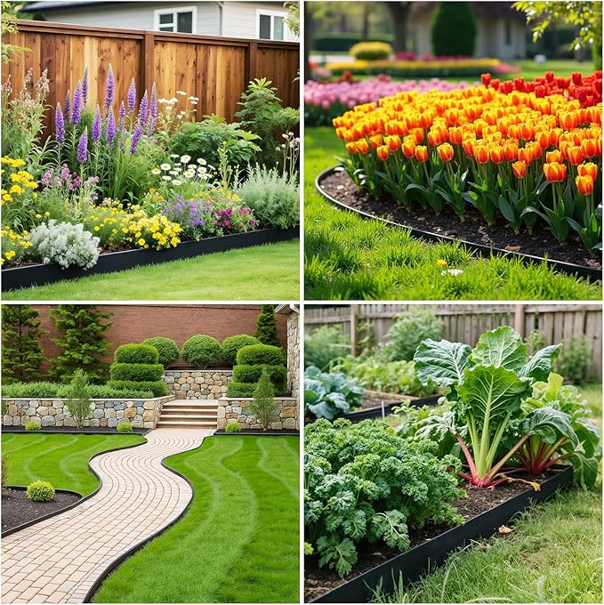MIXC 33ft, 1.5in Tall Landscape Edging Kit with 50 Spikes, No-Dig Flexible Plastic Edge Border for Landscaping, Lawn, Garden, Flower Beds, Yard, Paver, Playground, Fence, Pathway, Black,1pack,33ft